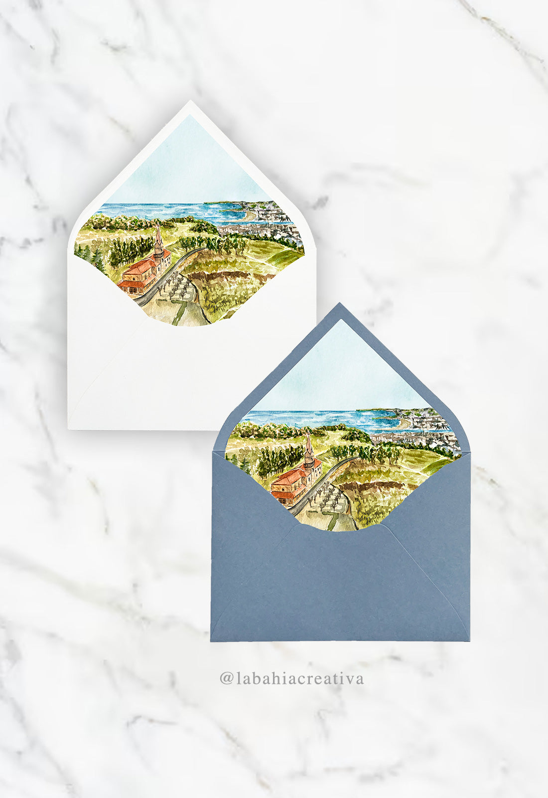 invitación de boda con la acuarela de la ermita de Guadalupe y la vista de Hondarribi