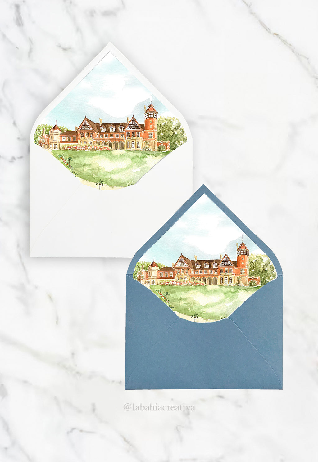 Invitación de boda con la acuarela del Palacio Miramar